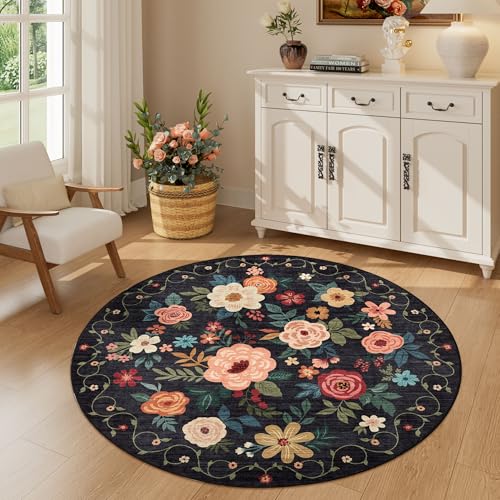 DUKINO 4ft Round Rug, Floral Washable Small Round Area Rug Non Slip, Black | Soft, Low Pile, Stain Resistant Indoor Circle Rug for Bedroom, Kitchen, Kids Room, Living Room, Pet Friendly, Home Decor - color: Black, size: 4' (Round)