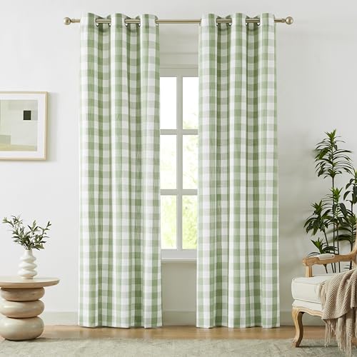 Amzdecor Buffalo Plaid Grommet Curtains 84 Inch Length, Green Semi-Sheer Gingham Check Farmhouse Rustic Textured Curtains Drapery for Living Room Bedroom,2 Panels （40" x 84",Sage Green & White） - color: Green/White, size: 40"W x 84"L (Pack of 2)