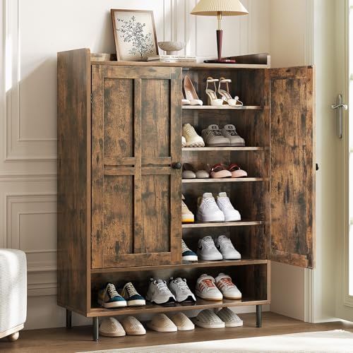 Shoe Cabinet with Cross Molding Doors, 6-Tier Storage, Brown | 45'' Tall Shoe Storage Organizer with 3 Adjustable Shelves & Metal Legs, Freestanding Wood Shoe Rack for Entryway, Front Door - color: Brown