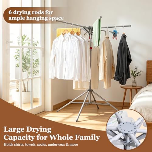 Adjustable Collapsible Umbrella Style Clothes Drying Rack, 4Legs6Telescopic Arms, Space-Saving Freestanding Laundry Airer with Windproof Clips, Easy Setup Indoor Outdoor (Gray-Carbon Steel) - color: Gray-carbon Steel