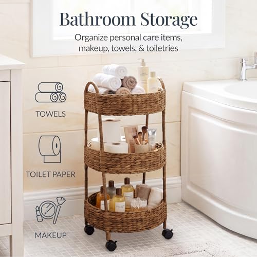 Best Choice Products 3-Tier Round Rolling Nursery Caddy w/Wheels, Handwoven Utility Cart, Storage Organization for Bathroom, Craft Room, Laundry Room - Chestnut - color: Chestnut