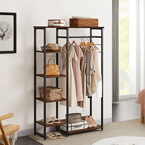 VECELO Open Garment Clothing Rack, Free-Standing Heavy Duty Storage Closet with 5 Shelves and Hanging Rod for Small Spaces, Max Load 350LBS, Brown - color: Dark Brown