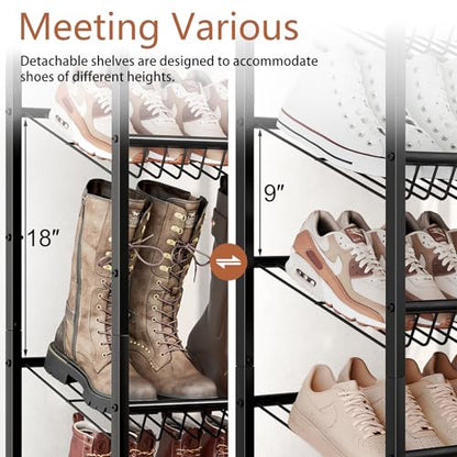 6 Tier Rotating Vertical Shoe Rack Tower, Wooden Shoe Storage Organizer with Hooks, Sturdy Metal Narrow Shoe Shelf for 18-24 Pairs, Vertical Shoe Organizer for Closet Entryway, Rustic Brown - size: 6-tier(27.8 × 11.2 × 38.6)