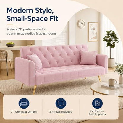 Majnesvon 71" Pink Futon Sofa Bed Couch: Velvet Fabric Memory Foam 2 Pillows Gold Metal Feet Adjustable Tufted Backrest, Convertible Folding Sleeper Loveseat for Living Room Bedroom Apartment (Pink) - color: Pink
