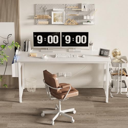 Lufeiya White Computer Desk with Power Outlet, 55 inch Teen Study Table Home Office Work Writing Gaming Desks with Charging Station Outlets Built in, White - color: White, size: 55.1"