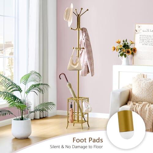 Hoctieon Coat Rack Freestanding, Coat Tree with Umbrella Holder | Metal Coat Rack Stand with 12 Hooks, Standing Coat Hanger Stand, Umbrella Stand for Entryway, Hat Rack Stand for Home Office - color: Gold