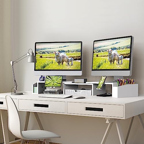 Simple Houseware Desk Dual Monitor Stand Riser with Drawer, White | Customizable Organizer Tray, Built-In Phone & Tablet Slot and Side Storage - color: White