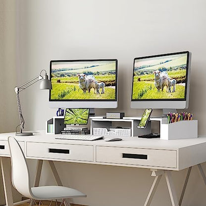Simple Houseware Desk Dual Monitor Stand Riser with Drawer, White | Customizable Organizer Tray, Built-In Phone & Tablet Slot and Side Storage - color: White