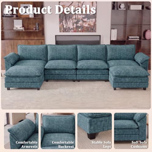 JUMMICO 159" U-Shaped Shaped Sectional Couch, Modular Cloud Sofa, Dark Blue | 2 Movable Ottoman,4 Deep Seats, Sturdy Frame, Comfy Chenille, Easy Assembly, Sleeper Sofa for Living Room, Apartment - color: Dark Blue, size: U Shaped Sofa