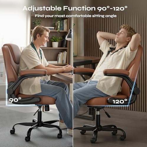 PU Leather Mid-Back Office Chair, Flip-Up Arms, 3.5" Dual-Layer Cushion | PU leather mid-back chair with 3.5" dual-layer cushion, flip-up armrests, swivel wheels, and pneumatic height adjustment - color: Brown