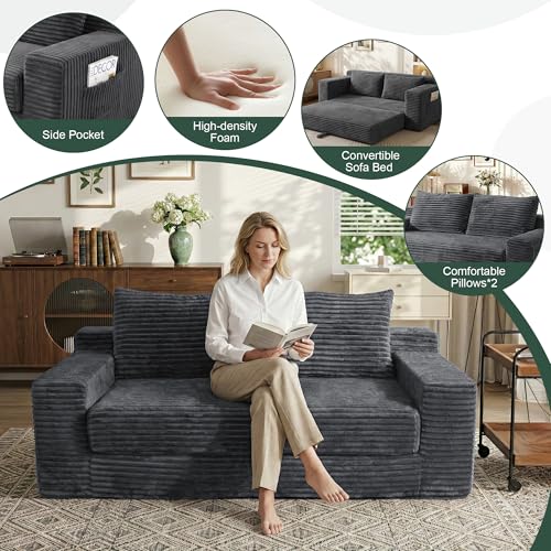 73" Convertible Sofa Bed, Corduroy Boneless Loveseat Sleeper, Gray | Fold Out Floor Couch Bed with 2 Pillows, Memory Foam Cloud Futon Couch for Living Room, Guest Room, Small Space, No Assembly