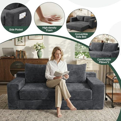 73" Convertible Sofa Bed, Corduroy Boneless Loveseat Sleeper, Gray | Fold Out Floor Couch Bed with 2 Pillows, Memory Foam Cloud Futon Couch for Living Room, Guest Room, Small Space, No Assembly