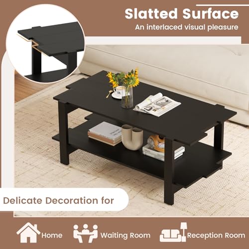Giantex Coffee Table with Storage, 45 Inch Modern Center Table with Slatted Design & Side Rail Support, Rectangular Living Room Table for Small Spaces, Black - color: Black