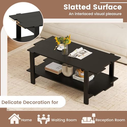 Giantex Coffee Table with Storage, 45 Inch Modern Center Table with Slatted Design & Side Rail Support, Rectangular Living Room Table for Small Spaces, Black - color: Black