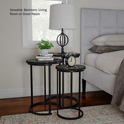 Lavish Home Round Nesting Tables Set of 3, Faux Marble Tabletop, Black | 25”H / 22.5”H / 20.25”H Modern Side Tables, Space Saving Accent Table Set, for Living Room, Bedroom, Dorm or Home Office - color: Black Marble
