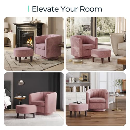 LINSY Swivel Accent Chair Ottoman Set: Velvet Small Barrel Chair with Foot Rest, Modern Reading Chair Upholstered Armchair with Footrest for Living Room Bedroom Study Room Office (Pink) - color: Pink, size: Small