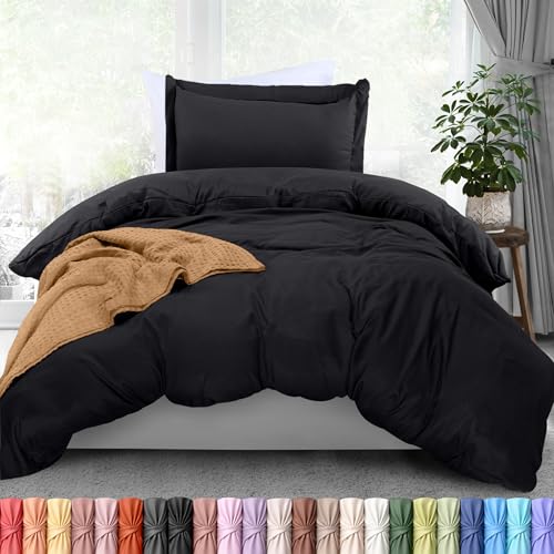 Duvet Cover Twin/Twin XL, 3 PC Cotton Like Polyester, Zipper Closure, Black | Extra Soft and Breathable, Wrinkle & Fade Resistant, Includes Duvet Cover and 1 Pillow Sham, Comforter Not Included, OekoTex - color: Black, size: Twin/Twin XL - Duvet Cover Set