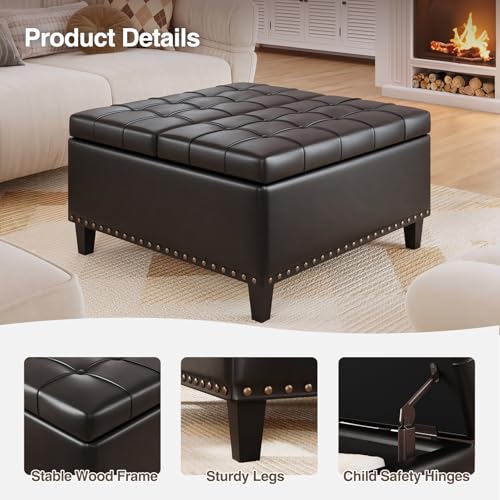 FiveWillowise 31.5 Inch Large Square Ottoman with Storage,Faux Leather | Coffee Table Storage Ottoman Bench with Lift Top Upholstered Footrest Stool Toy Box for Bedroom Living Room,Black - color: Black