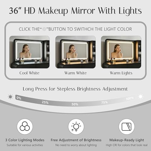 Aitjunz Vanity Desk with Mirror and Lights, 50” Modren Makeup Vanity with 35.43" Mirror and 5 Drawers, Makeup Table with Charging Station for Women and Girls, Bedroom (Black) - color: Black