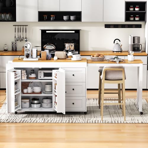Kitchen Island, Extendable Dining Table with Power Outlet | Extendable dining table expands from prep station to dining table, seats up to 2 extra guests, saves space when closed - color: White2
