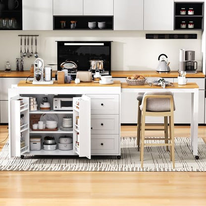 Kitchen Island, Extendable Dining Table with Power Outlet | Extendable dining table expands from prep station to dining table, seats up to 2 extra guests, saves space when closed - color: White2