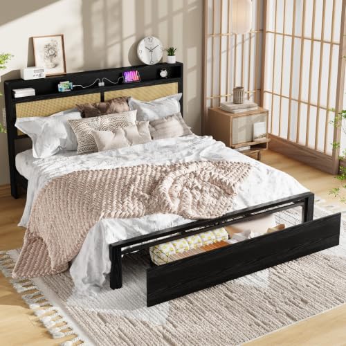 Garvee King Wooden Rattan Bed Frame Bohemian with Storage and LED Lights | Cane Headboard with Charging Station, Wooden Slats, Noise-free, No Box Spring. Country Farmhouse Bed Frames Black - color: Black, size: King
