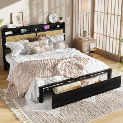 Garvee King Wooden Rattan Bed Frame Bohemian with Storage and LED Lights | Cane Headboard with Charging Station, Wooden Slats, Noise-free, No Box Spring. Country Farmhouse Bed Frames Black - color: Black, size: King