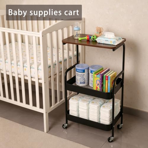 3-Tier Metal Rolling Utility Cart with Walnut-Textured Top on Wheels Craft Cart and Side Table for Bedside, Kitchen, Office, Bathroom & Craft Room