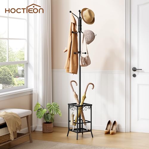Hoctieon Coat Rack Freestanding, Coat Tree with Umbrella Holder, Metal Coat Rack Stand with 12 Hooks, Standing Coat Hanger Stand, Umbrella Stand for Entryway, Hat Rack Stand for Home Office, Black - color: Black
