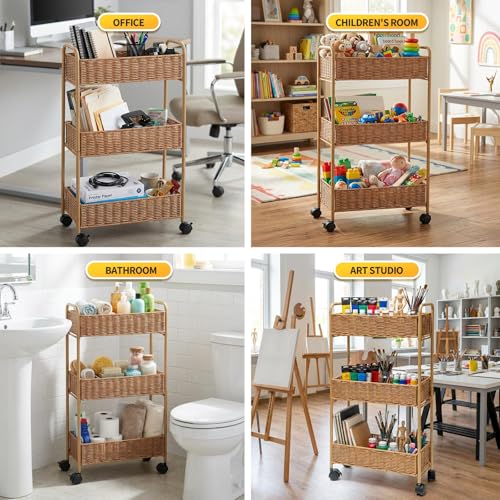 Utility Slim Storage Cart,3-Tier Rolling Kitchen Office Laundry Room Cart,Mobile Shelving Unit Organizer for Living Room Bathroom Baby Diaper Narrow Places (Natural, 3 Tiers-7.1 inch (W)) - color: Natural