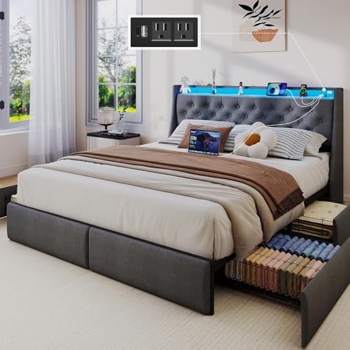 SADENICEL Full Size Bed Frame with 4 Storage Drawer, Full Bed Frame, Grey | Headboard with Charging Station and LED Lights, Metal Platform Bed with Storage Shelf, Noise Free, No Box Spring Needed - size: Full, style: 4 Storage Drawer