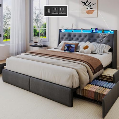 SADENICEL Full Size Bed Frame with 4 Storage Drawer, Full Bed Frame, Grey | Headboard with Charging Station and LED Lights, Metal Platform Bed with Storage Shelf, Noise Free, No Box Spring Needed - size: Full, style: 4 Storage Drawer