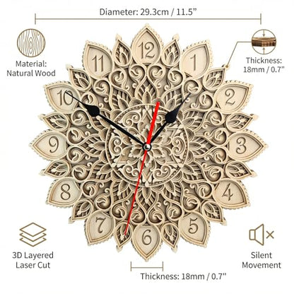 12-Inch 3D Mandala Wall Clock, Silent Non-Ticking Decorative Wooden Clock for Living Room, Boho Wall Art & Modern Farmhouse Home Decor, Unique Housewarming Gift for Bedroom or Office
