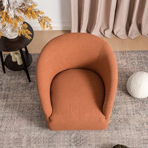 KINWELL 32" Wide Swivel Boucle Accent Chair Armchair, No Assembly Mid-Century Modern Round Upholstered Barrel Chair for Living Room, Bedroom, Office (Caramel) - color: Caramel, style: Set of 1