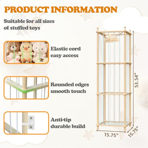 Stuffed Animal Storage,Large Wooden Toy Organizer,Anti-Tip Design,Easy Assembly - size: 53.9*15.7*15.7 IN*2