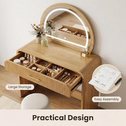 Makeup Vanity Desk with LED Touch Screen Lighted Mirror, Wooden Vanity Table with Drawer, Curved Edge Dressing Table with Removable Mirror for Bedroom (Natural) - color: Natural