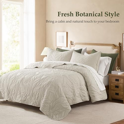 R.SHARE Beige King Size Quilt Set, Neutral Soft Lightweight Bedspread, Farmhouse Rustic Country Coverlet, Leaf Pattern Bedding with 2 Shams, 3 Pieces Spring Summer Thin Comforter - color: Beige, size: King (104"x90")