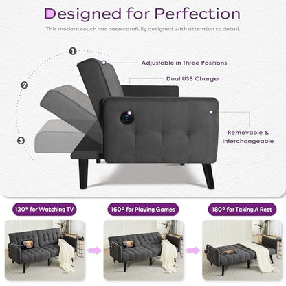 65'' Convertible Futon Sofa Bed with USB, Small Couch for Living Room | Sleeper Sofa, Adjustable Folding Couch with Tufted Design and 2 USB Ports, Bedroom Apartment Office, Dark Grey - color: Dark Grey