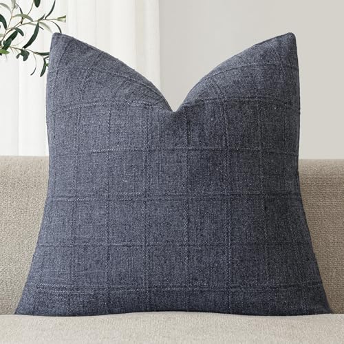 Foindtower Set of 1 Decorative Linen Check Throw Pillow Cover Neutral Farmhouse Vintage Cushion Cover Modern Boho Home Decor for Sofa Chair Couch Bedroom Living Room,16×16 Inch,Navy Blue - color: Navy Blue, size: 16" x 16" (Pack of 1)