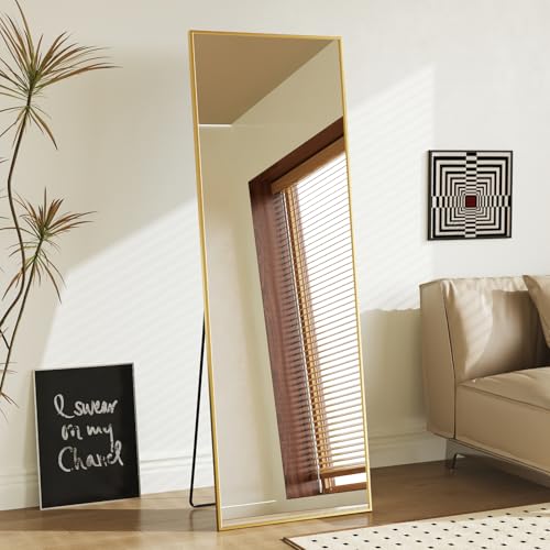 Sweetcrispy 98"x19" Full Length Mirror, Standing Full Body Mirror, Gold | Aluminum Alloy Thin Frame, Floor or Standing, Suitable for Bedroom, Living Room, Cloakroom - color: Gold-rectangle, size: 58"L x 19"W