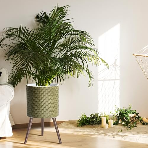 D'vine Dev Planter Pot with Wood Stand, 14 in, Distressed Olive, 88-Z-D-4 | Mid-Century Modern Style, Elevated Plant Display, Drainage Hole and Plug, Functional & Stylish, Modern Indoor Planter - color: Distressed Olive, size: X-Large