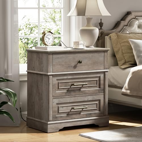 3 Drawer Tall Nightstand with Charging Station, Farmhouse Bedside Table, 27.6" W x 29.5" H, Wide End Table for Bedroom Living Room, End Tables with Charging Station, Greige - color: Greige