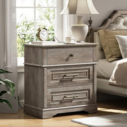3 Drawer Tall Nightstand with Charging Station, Farmhouse Bedside Table, 27.6" W x 29.5" H, Wide End Table for Bedroom Living Room, End Tables with Charging Station, Greige - color: Greige