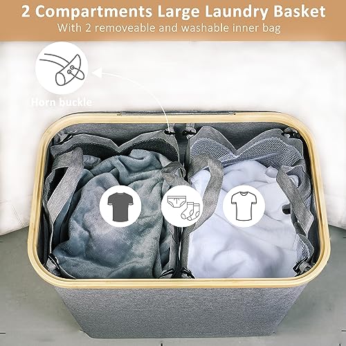 IEGrow Laundry Hamper with Lid,150L Laundry Basket with 2 Mesh Bags,Grey | Dirty Clothes Hamper Basket with Bamboo Handle for Clothes Towels - color: Grey, size: 150L