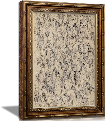 Vintage Gold Framed Horse Sketch Wall Art, Abstract Equestrian Canvas Prints, Rustic Neutral Horse Drawing Wall Decor, Retro Equestrian Drawing Print Artwork for Living Room Bedroom Dorm Office, 9x11in - color: Abstract Horse, size: 11"L x 9"W