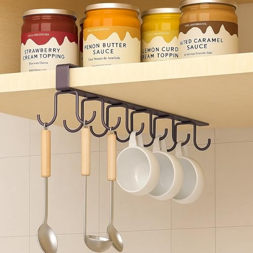 2 Pack Under Cabinet Hook Rack, 12-Hook Double Row Metal Hanging Organizer for Kitchen Utensils, Mugs, Closet Accessories, No Drill Shelf Hanger – Black & White