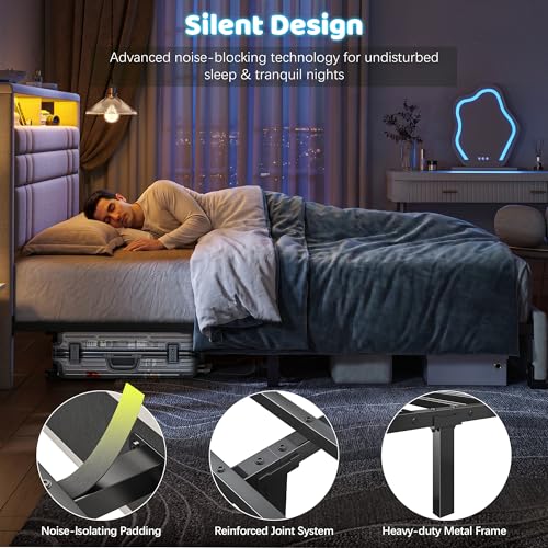 EnHomee Full Upholstered Bed Frame with Charge Station & LED Lights, Beige | 2-Tier Shelves Headboard, 12" Under-Bed Storage Space, Noise-Free, No Box Spring Needed, Easy Assembly - color: Beige, size: Full