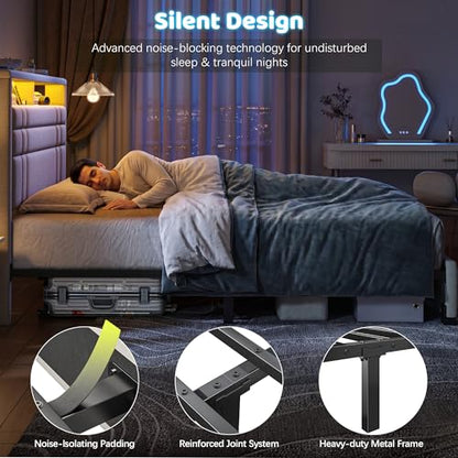 EnHomee Full Upholstered Bed Frame with Charge Station & LED Lights, Beige | 2-Tier Shelves Headboard, 12" Under-Bed Storage Space, Noise-Free, No Box Spring Needed, Easy Assembly - color: Beige, size: Full