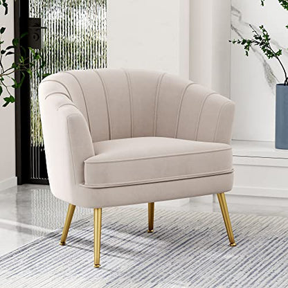Velvet Accent Chair, Barrel Armchair, Beige | Velvet Upholstery, Golden Metal Legs, Comfy Barrel Back, Modern Style, Living Room Bedroom Office - color: Beige, size: 1 Chair