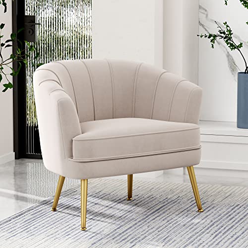 Velvet Accent Chair, Barrel Armchair, Beige | Velvet Upholstery, Golden Metal Legs, Comfy Barrel Back, Modern Style, Living Room Bedroom Office - color: Beige, size: 1 Chair